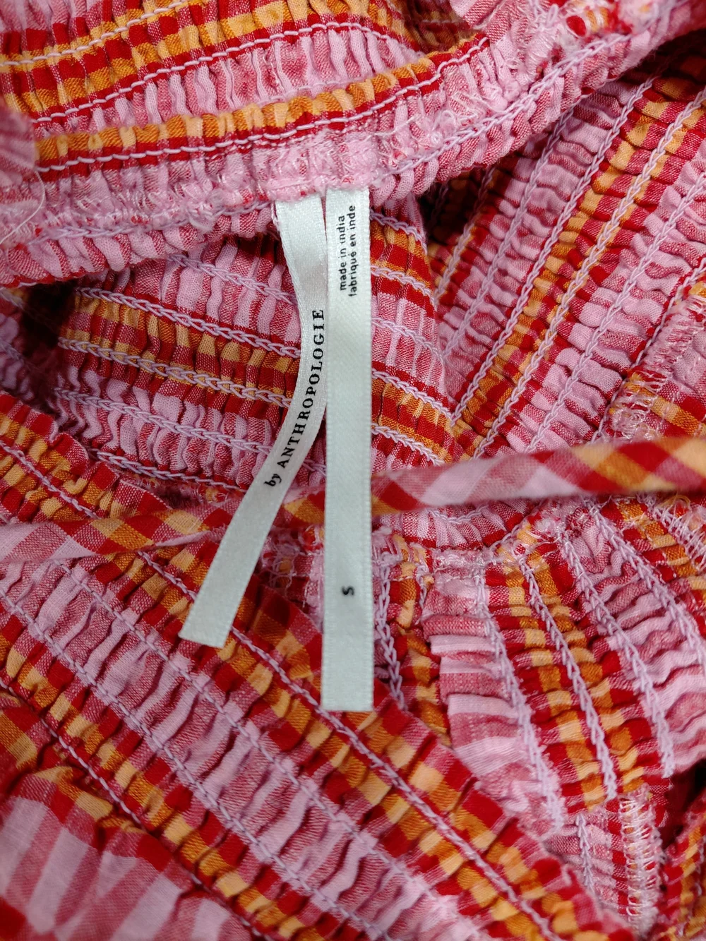 Anthropologie Pink and Orange Plaid Puff-Sleeve Blouse